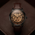 Fossil Men’s Automatic Skeleton Watch with Brown Leather Strap & Black Dial