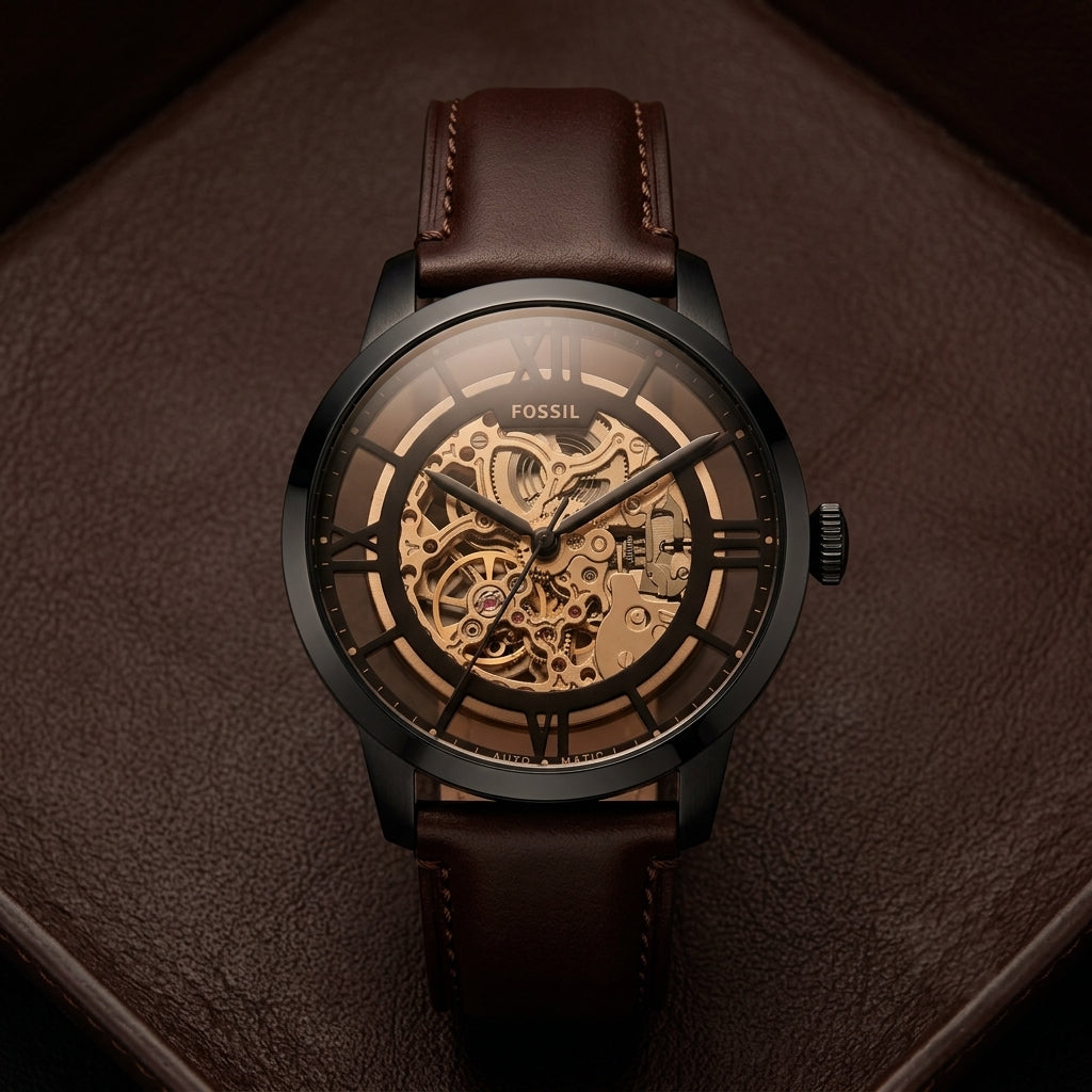 Fossil Men’s Automatic Skeleton Watch with Brown Leather Strap & Black Dial