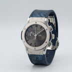 Men's Luxury Chronograph Watch with Blue Printed Strap & Silver Dial