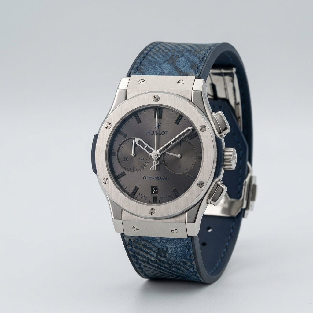 Men's Luxury Chronograph Watch with Blue Printed Strap & Silver Dial