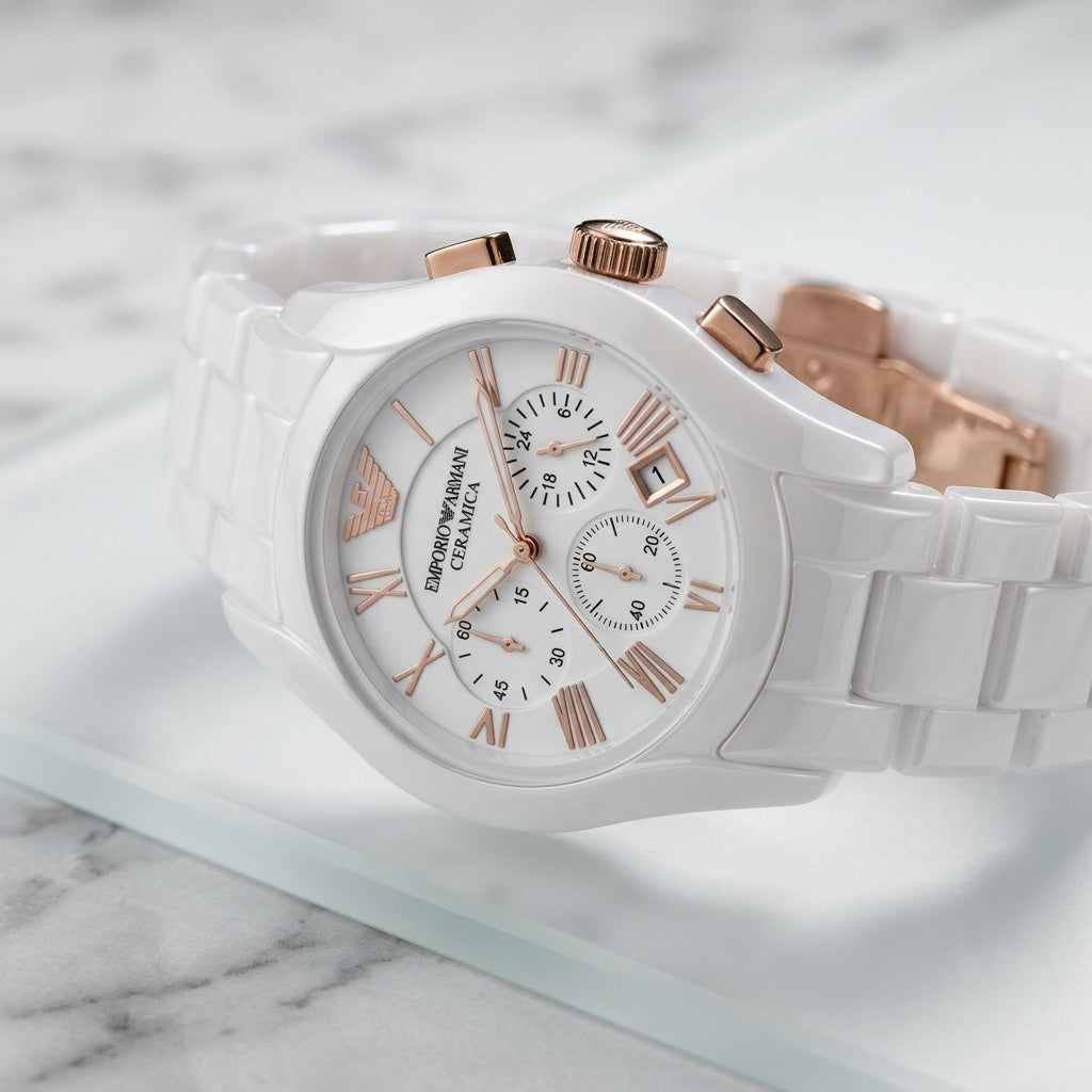 Emporio Armani Ceramica White Ceramic Rose Gold Chronograph Watch for Men