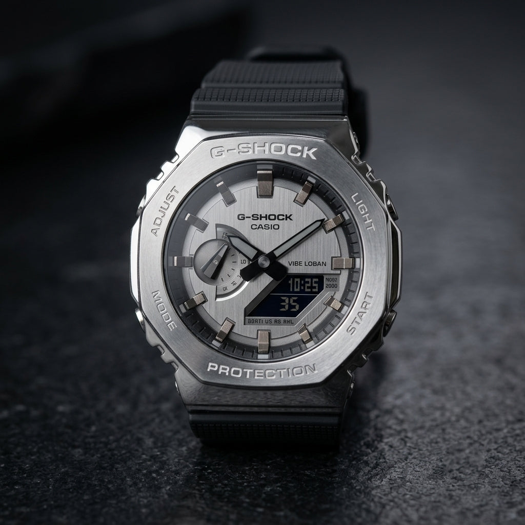 Men's Stainless Steel Analog Digital Sports Watch with Black Strap