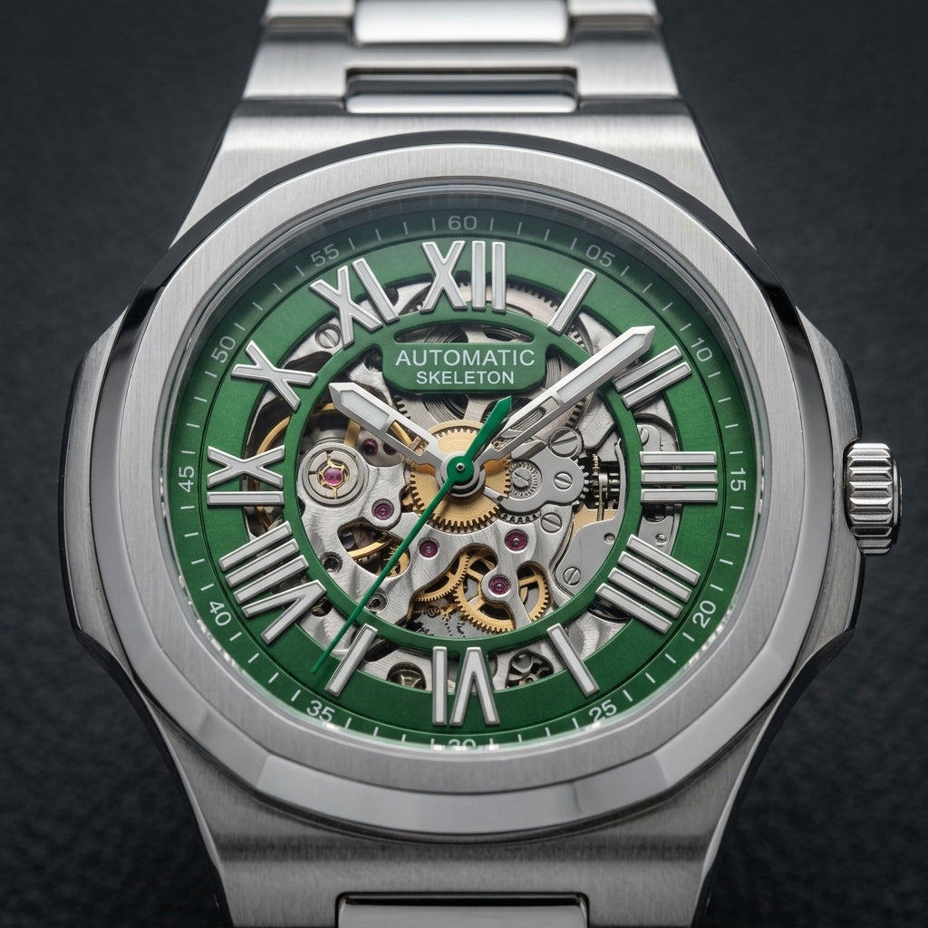 Men's Green Automatic Mechanical Skeleton Watch Stainless Steel Luxury Analog Wrist Watch