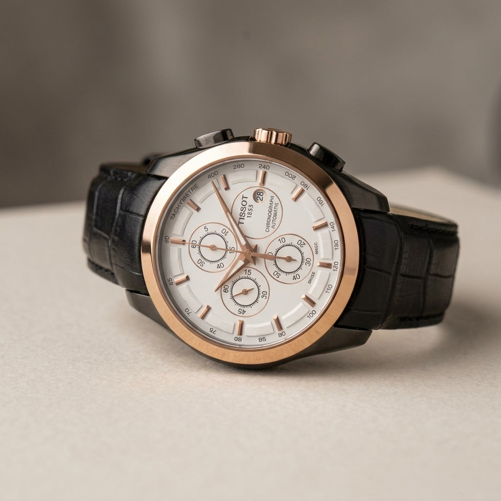 Tissot Automatic Chronograph Men’s Watch with Black Leather Strap & Rose Gold Case