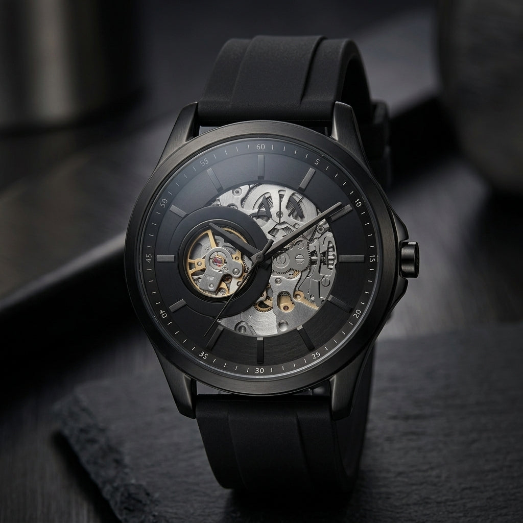 Armani Exchange Inspired Black Skeleton Analog Watch for Men