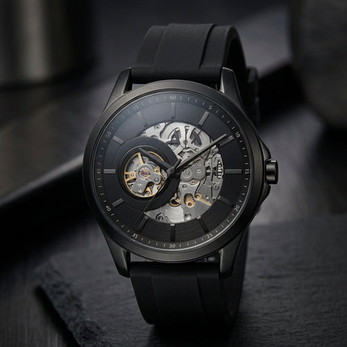 Armani Exchange Inspired Black Skeleton Analog Watch for Men