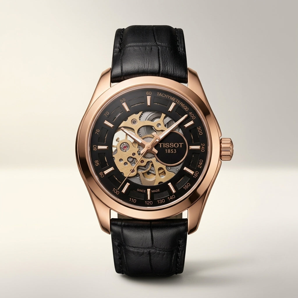 Luxury Skeleton Dial Analog Watch for Men with Black Leather Strap