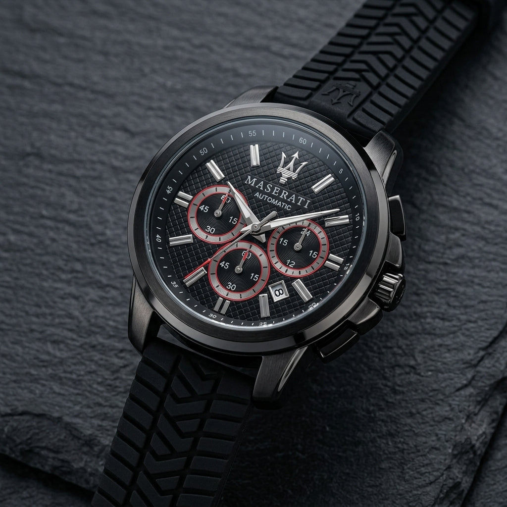 Maserati Men’s Black Analog Chronograph Watch with Silicone Strap
