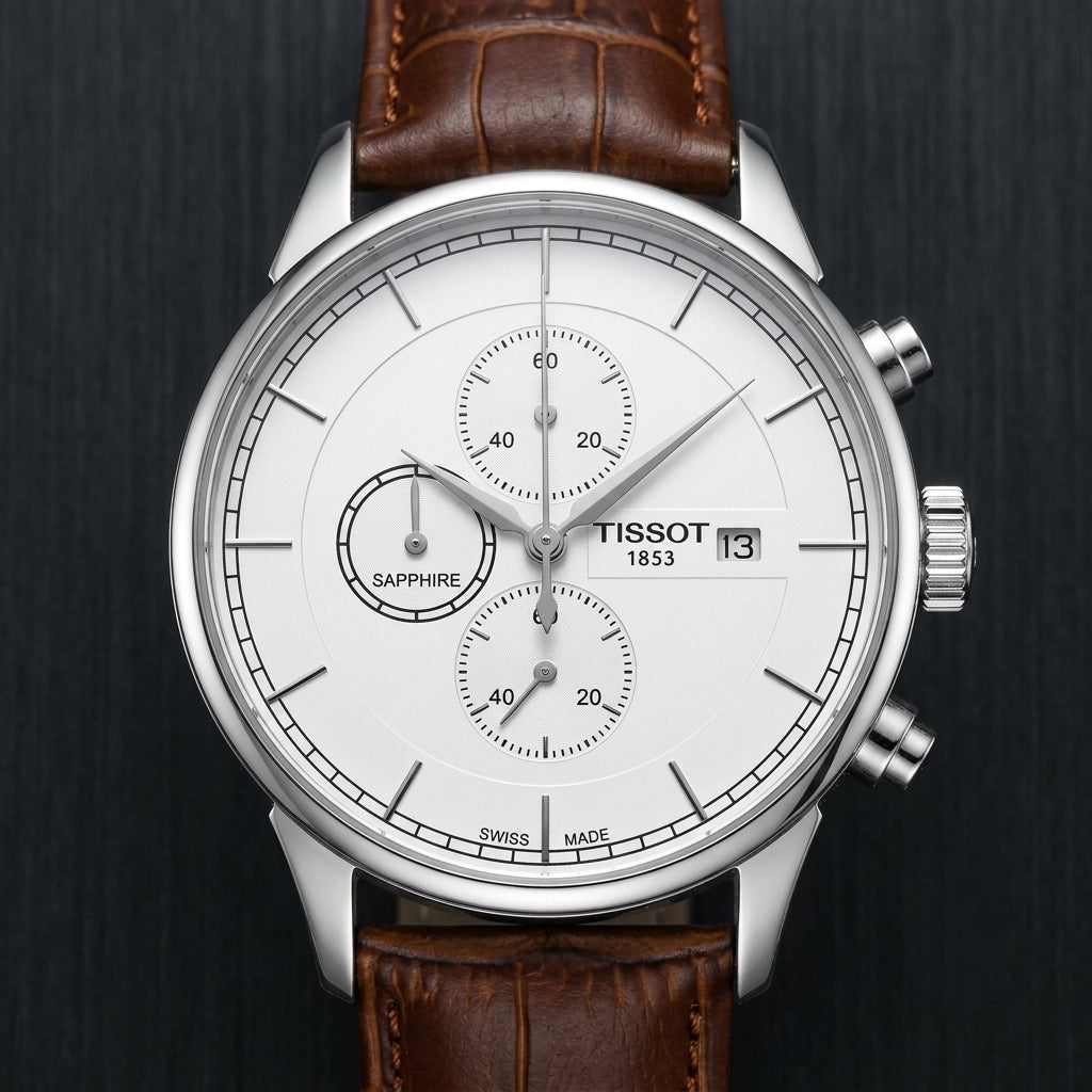 Tissot Style Swiss Made Chronograph Watch with Brown Leather Strap