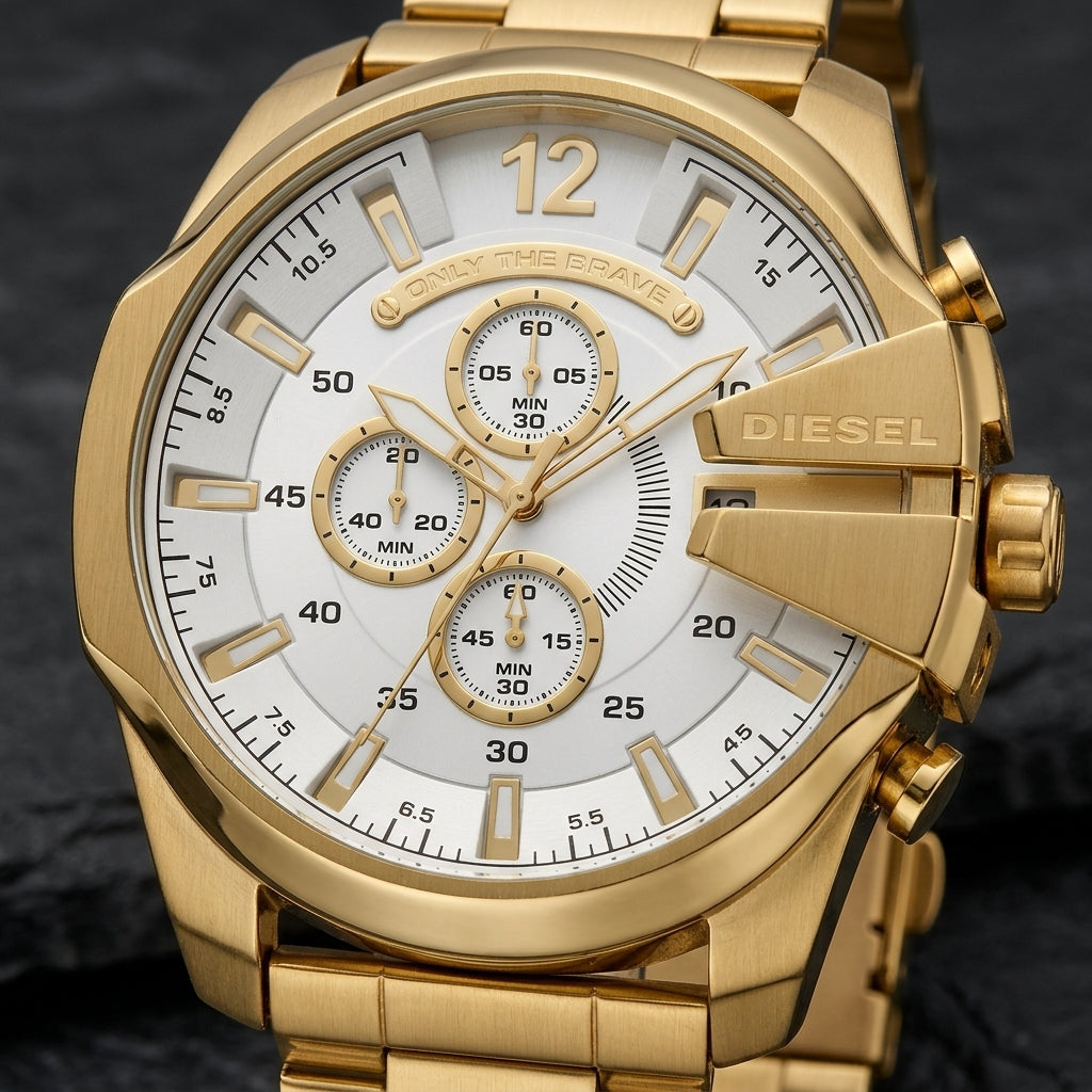 Men's Gold Chronograph Analog Watch with Stainless Steel Strap