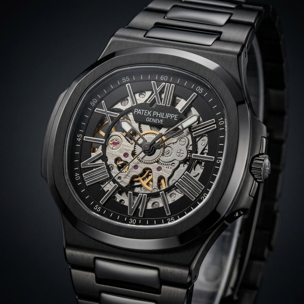 Men's Black Skeleton Automatic Mechanical Watch with Stainless Steel Strap