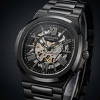 Men's Black Skeleton Automatic Mechanical Watch with Stainless Steel Strap