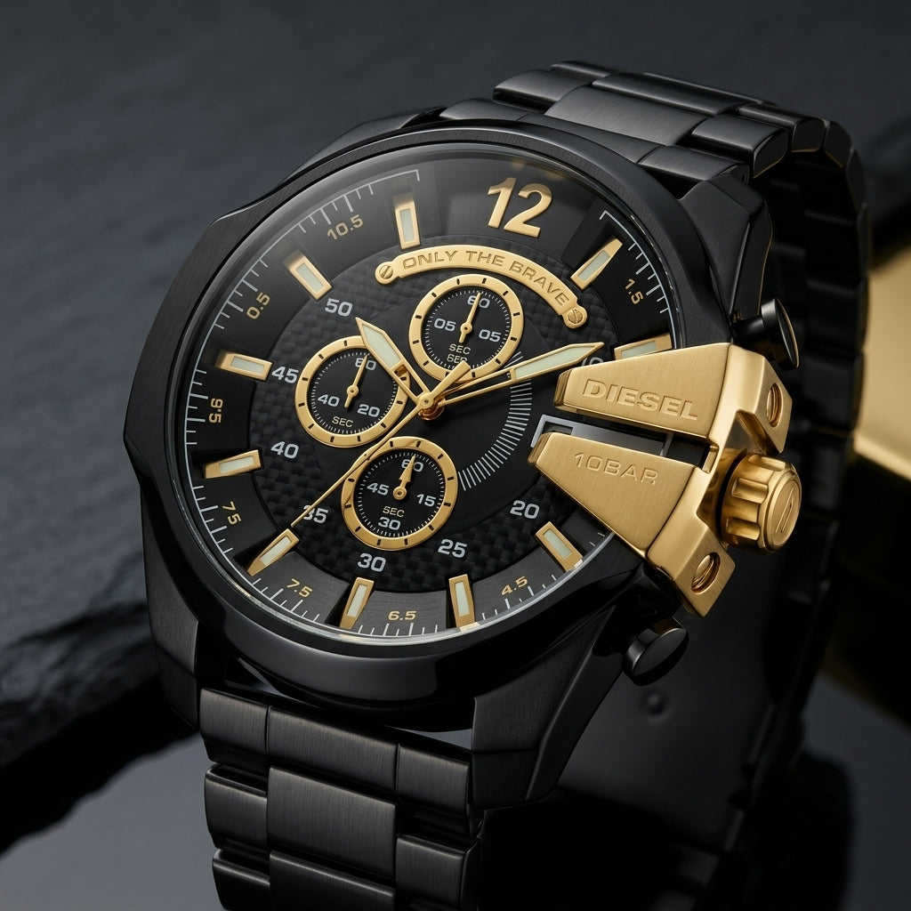 Men's Black Chronograph Analog Watch with Gold Accents | Metal Strap