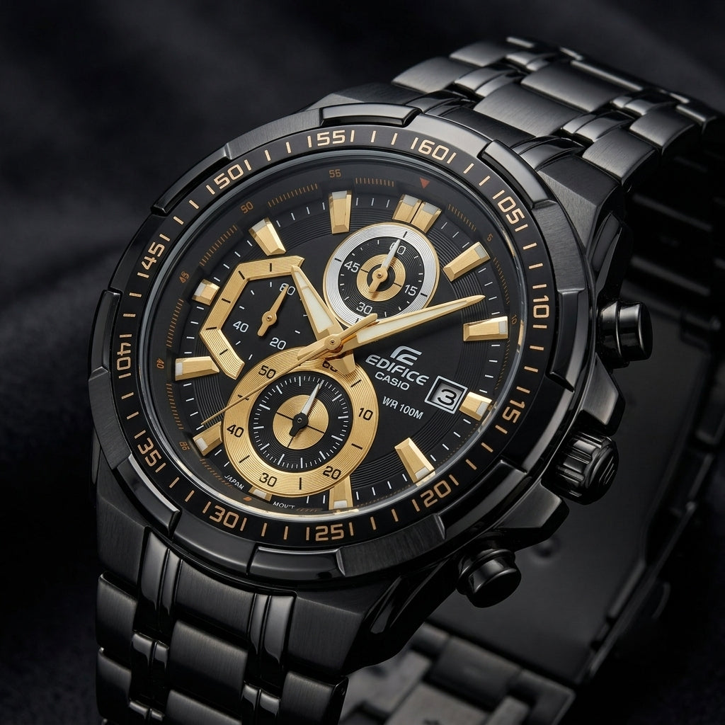 Men's Black Gold Chronograph Analog Watch with Stainless Steel Bracelet