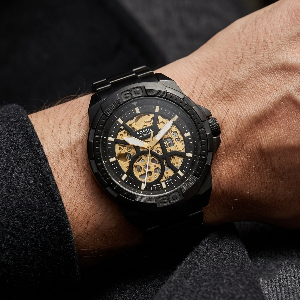 Black Automatic Skeleton Watch for Men – Gold Dial Stainless Steel Bracelet