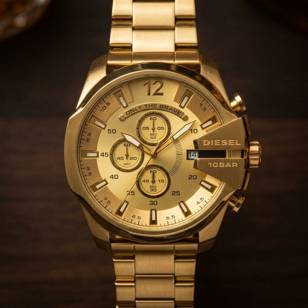 Men's Gold-Tone Chronograph Style Analog Watch with Metal Strap