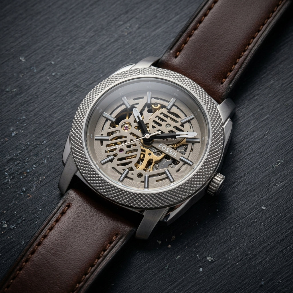 Men's Automatic Skeleton Analog Watch with Brown Leather Strap