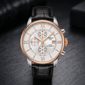 Men's Luxury Chronograph Watch with Black Leather Strap – Rose Gold & Silver Dial