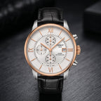 Men's Luxury Chronograph Watch with Black Leather Strap – Rose Gold & Silver Dial