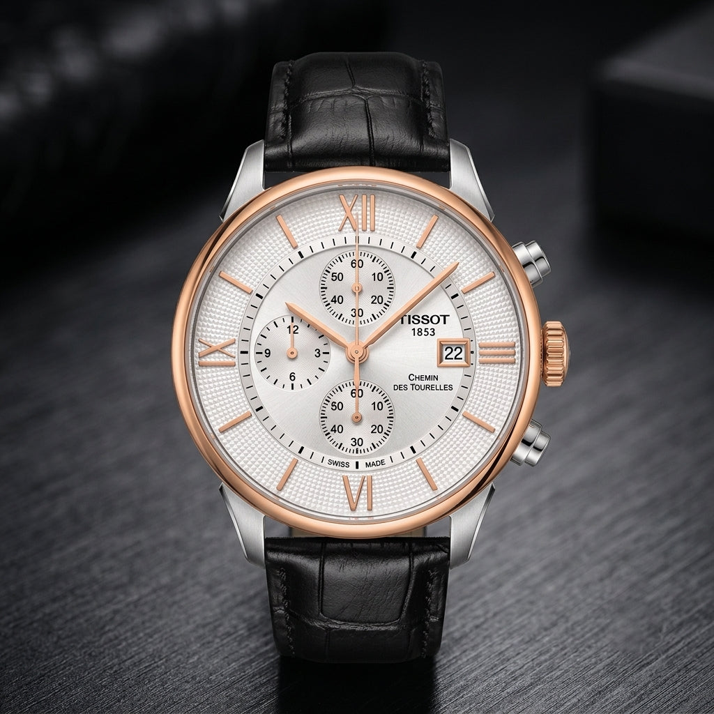 Men's Luxury Chronograph Watch with Black Leather Strap – Rose Gold & Silver Dial