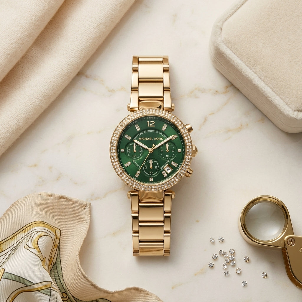 Michael Kors Green Dial Gold-Tone Chronograph Watch