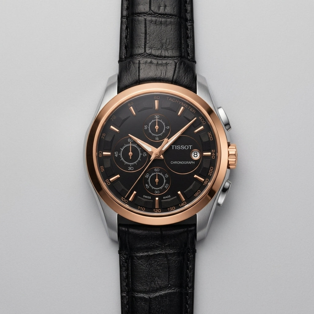 Tissot Men’s Chronograph Watch Black Dial Rose Gold Stainless Steel Case