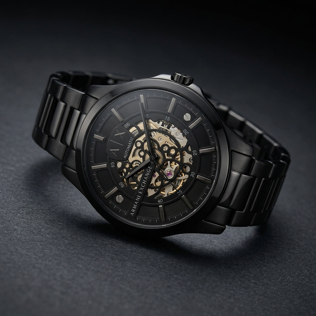 Armani Exchange Automatic Skeleton Watch for Men Black Stainless Steel Analog Wrist Watch