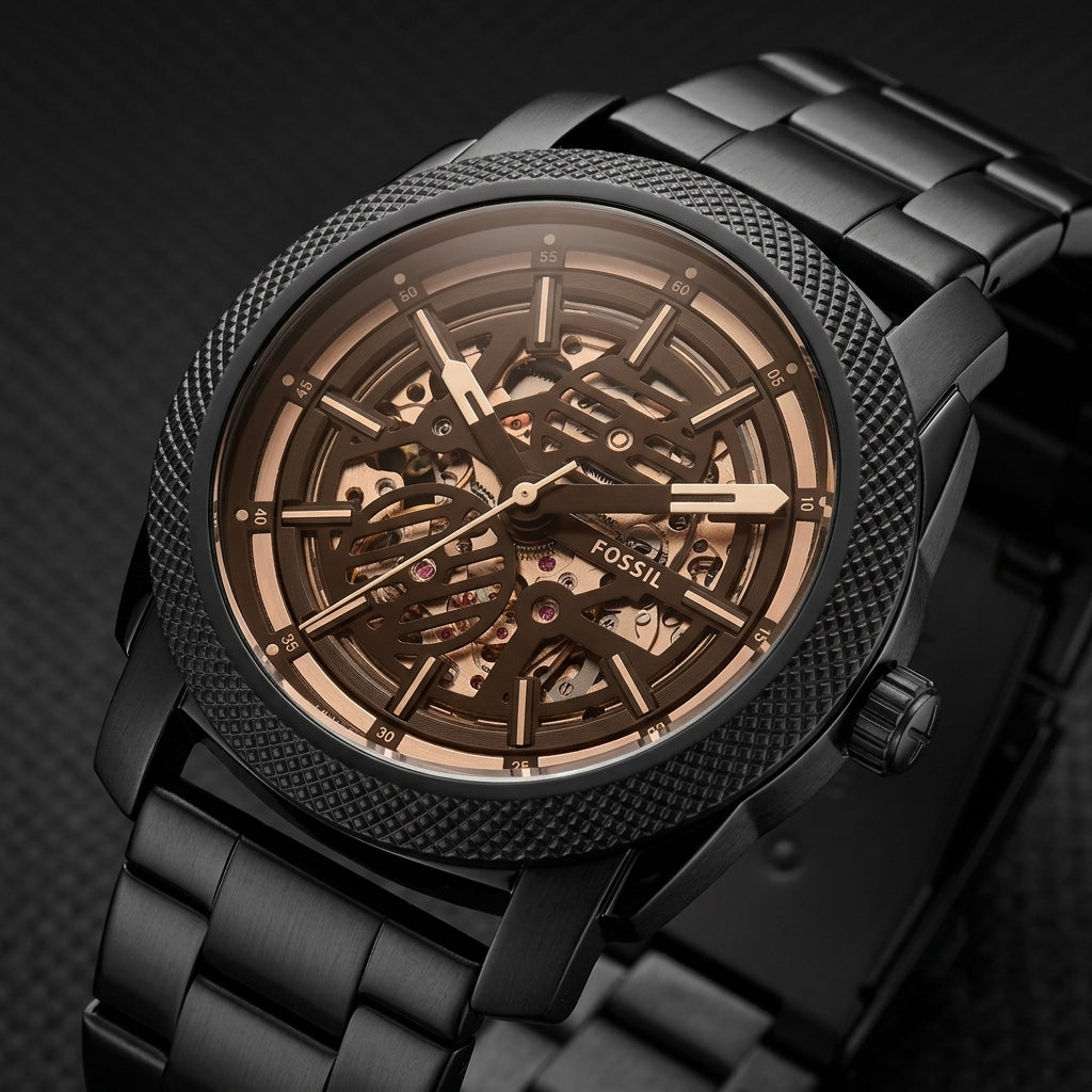 Fossil Black Stainless Steel Skeleton Automatic Watch for Men