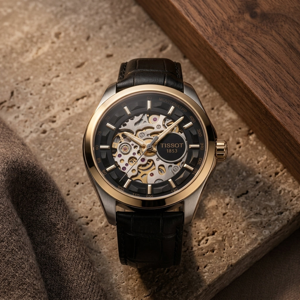 Men's Luxury Skeleton Automatic Mechanical Watch with Black Leather Strap