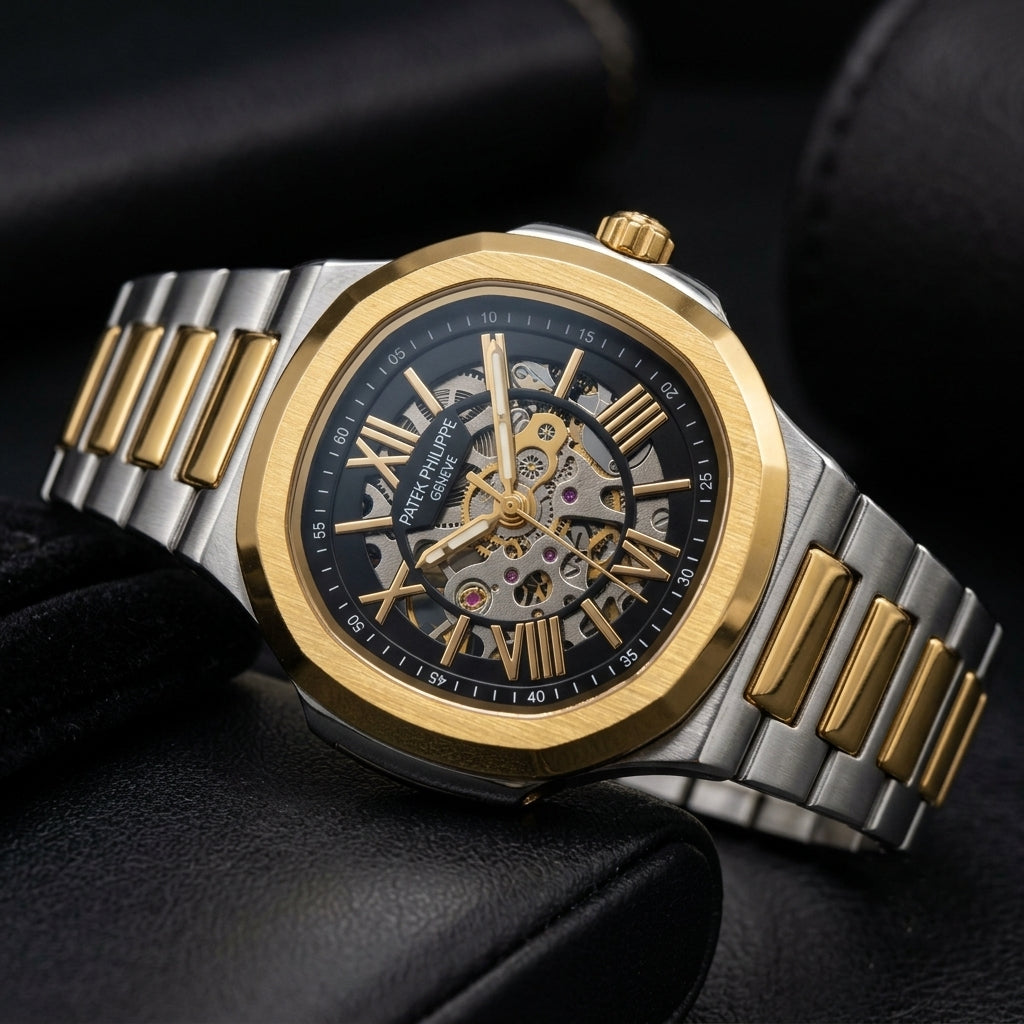 Luxury Men's Automatic Skeleton Watch | Stainless Steel Two-Tone Analog Wrist Watch
