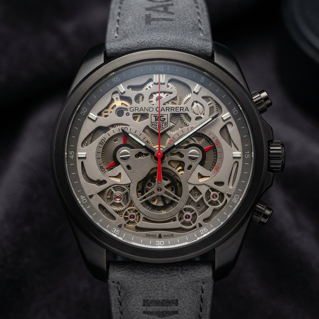 Men's Luxury Skeleton Automatic Style Chronograph Watch with Leather Strap