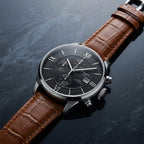 Men’s Classic Chronograph Watch with Brown Leather Strap & Black Dial