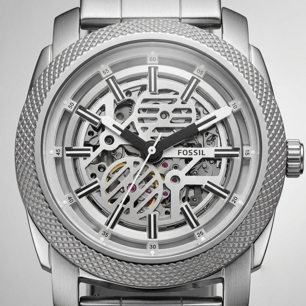 Fossil Silver Stainless Steel Skeleton Automatic Watch for Men