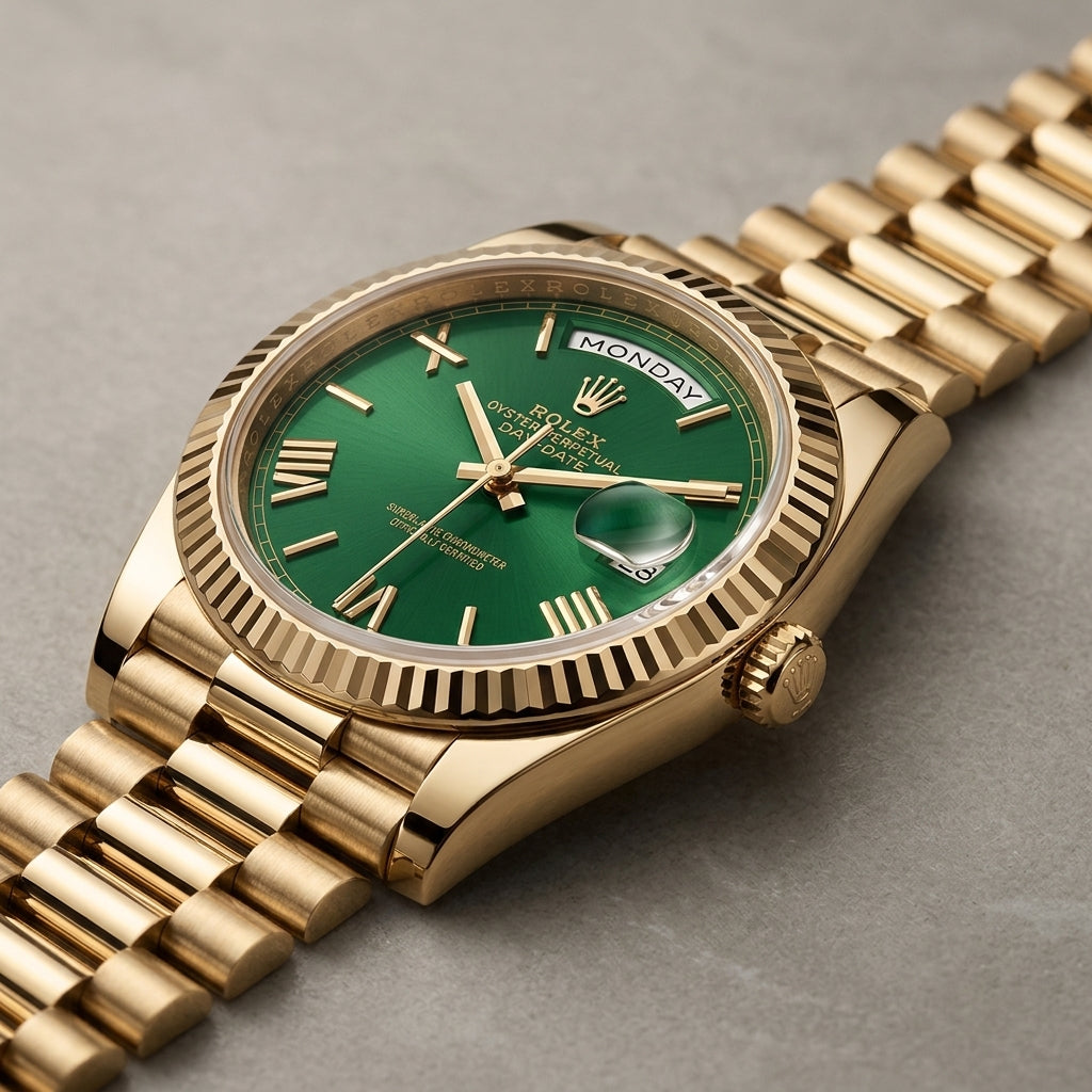Men’s Gold Tone Green Dial Luxury Style Day-Date Watch