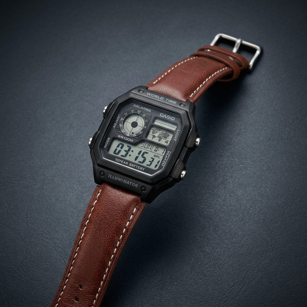Casio Digital World Time Watch with Brown Leather Strap
