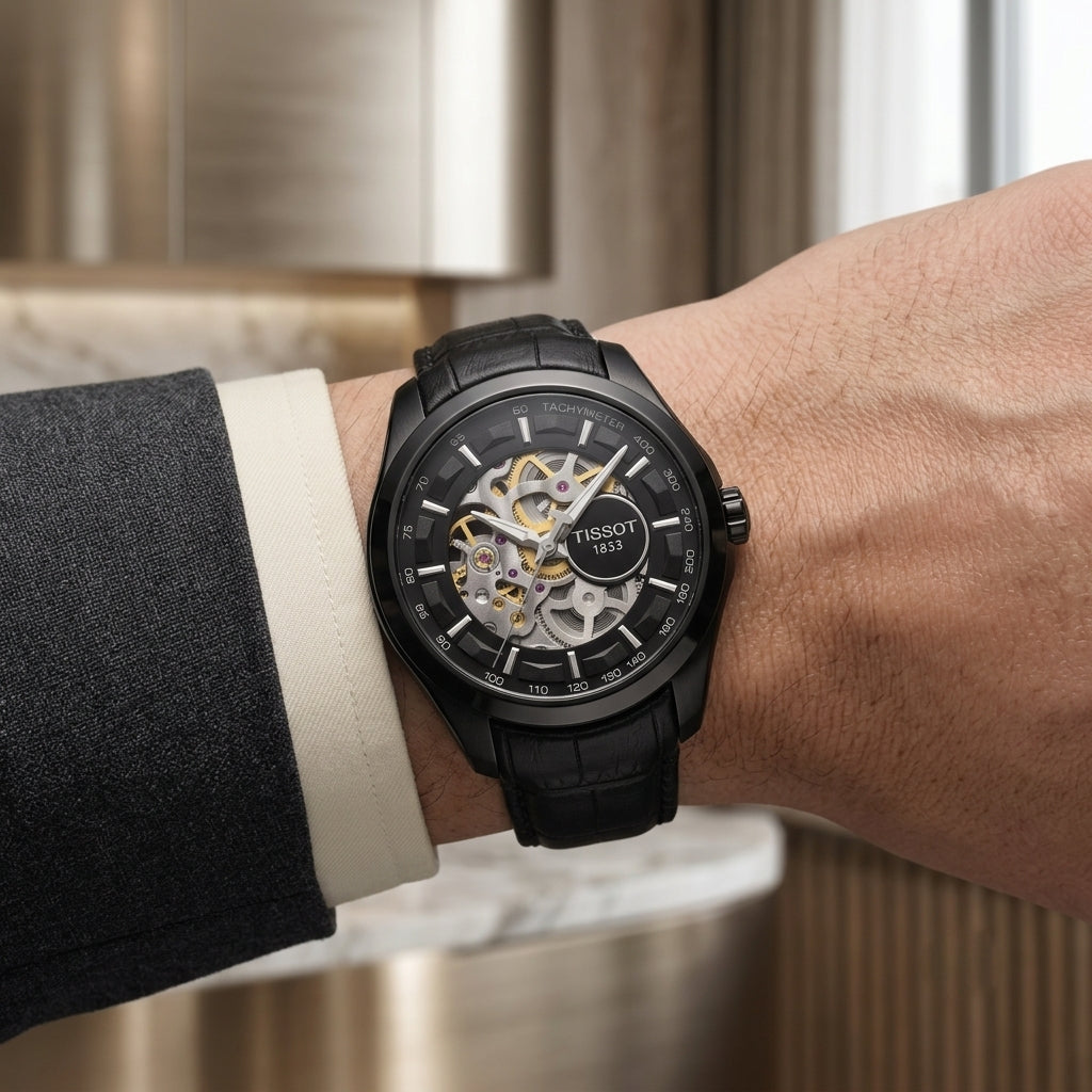 Men's Black Automatic Mechanical Skeleton Watch with Leather Strap