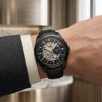 Men's Black Automatic Mechanical Skeleton Watch with Leather Strap
