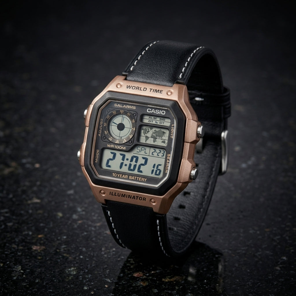 Casio Vintage Digital World Time Black Leather Strap Watch for Men