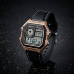 Casio Vintage Digital World Time Black Leather Strap Watch for Men