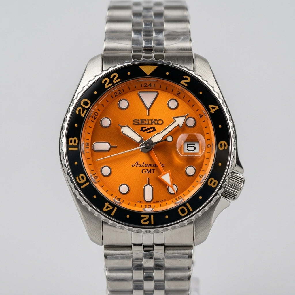Seiko 5 Sports GMT Orange Dial Stainless Steel Automatic Watch