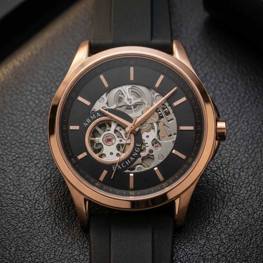 Armani Exchange Men's Analog Skeleton Dial Rose Gold Tone Black Strap Watch