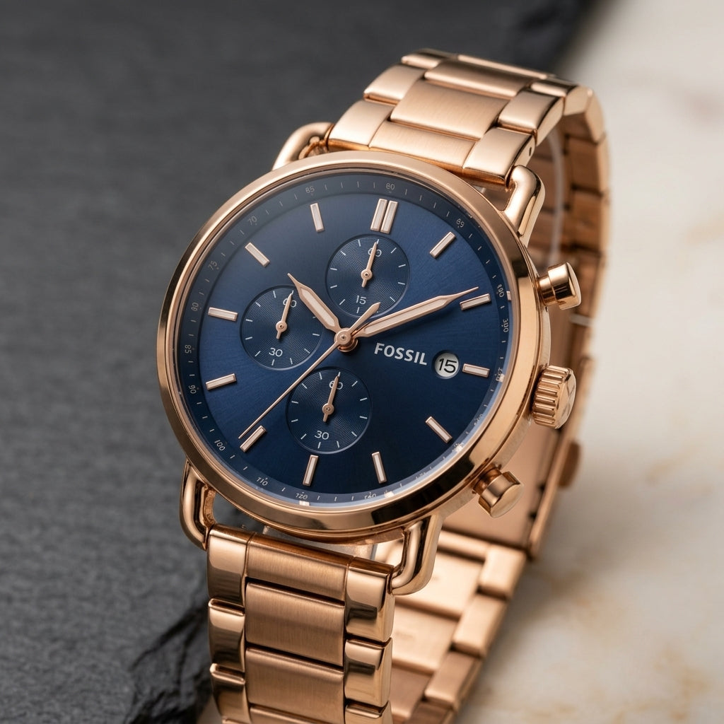 Fossil Blue Dial Rose Gold Chronograph Stainless Steel Watch for Men