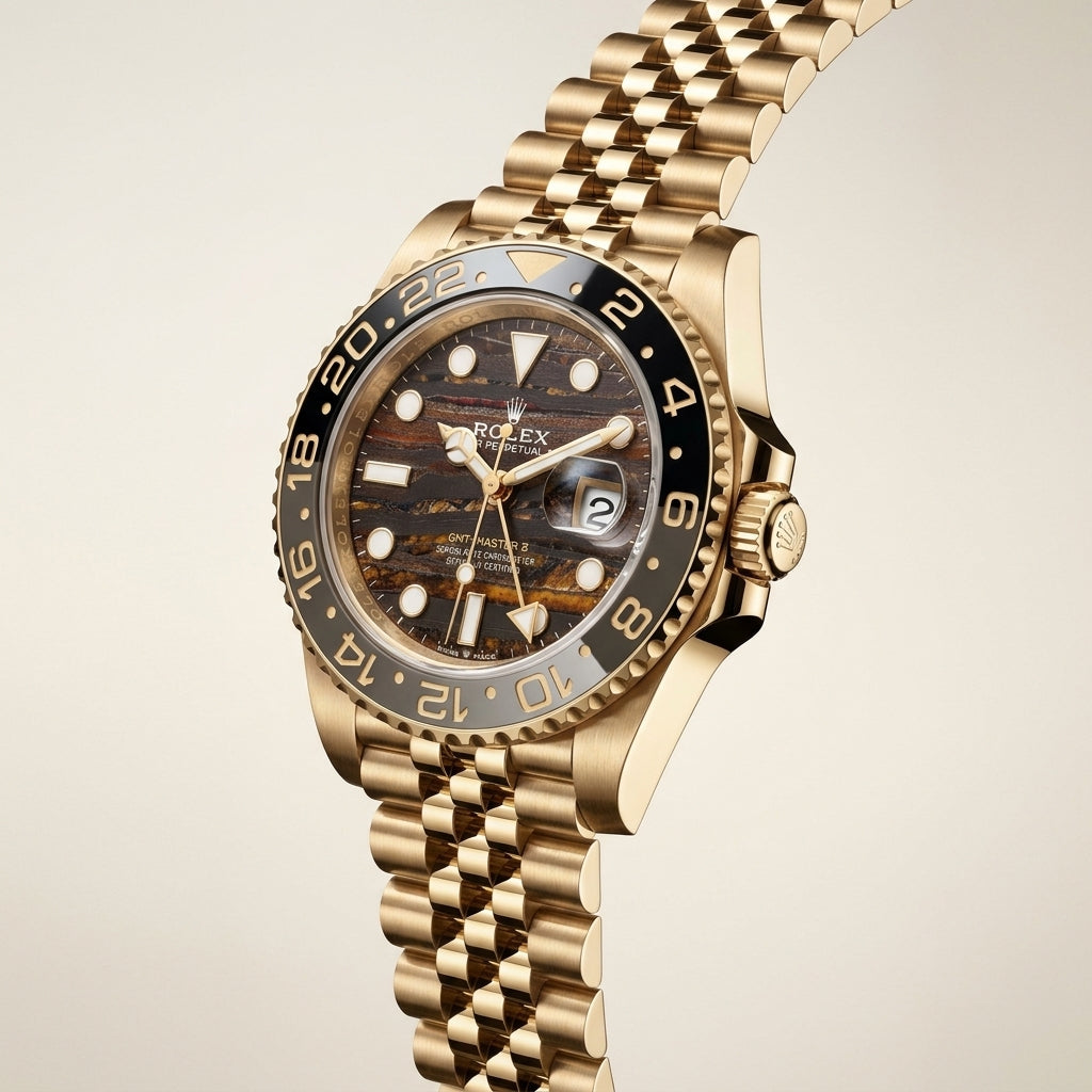 Luxury Gold Tone GMT Style Men’s Watch with Brown Dial & Jubilee Bracelet