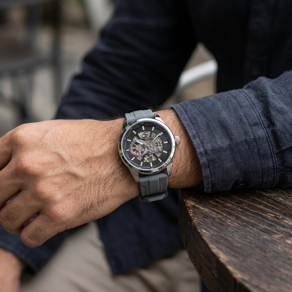Tommy Hilfiger Men’s Automatic Skeleton Watch – Grey Silicone Strap
