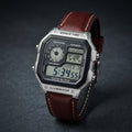 Casio Digital World Time Watch with Brown Leather Strap for Men