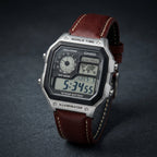 Casio Digital World Time Watch with Brown Leather Strap for Men