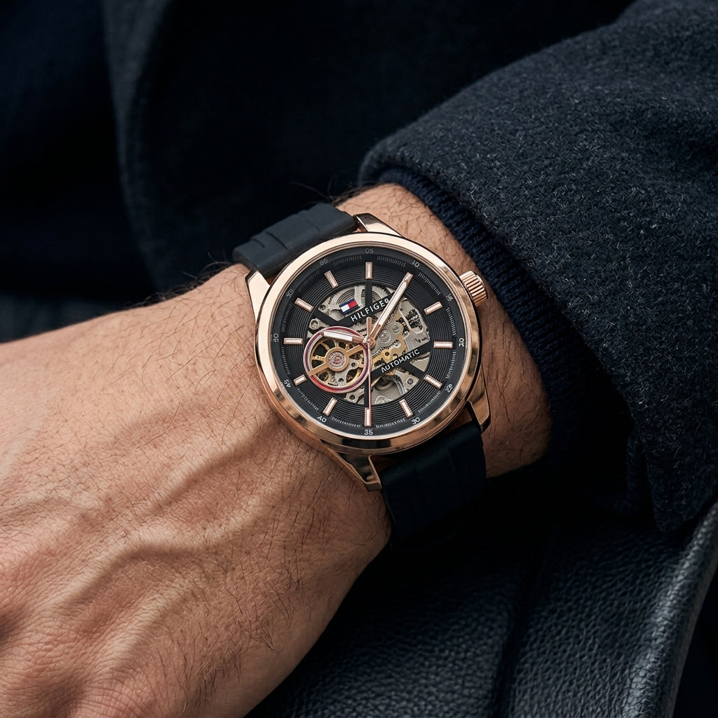 Tommy Hilfiger Men’s Automatic Skeleton Watch with Black Strap