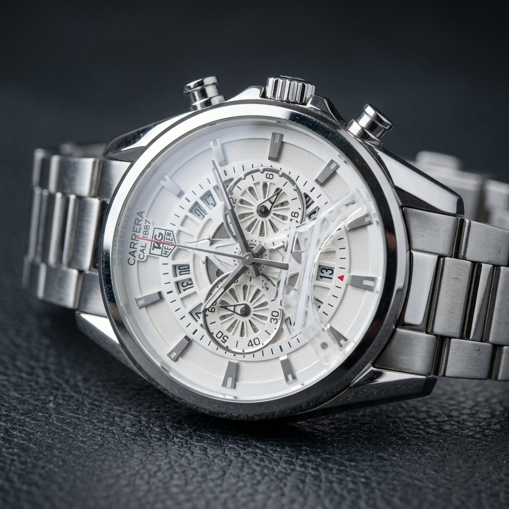 Men’s Silver Stainless Steel Chronograph Watch – Skeleton Dial