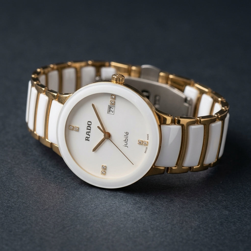 Luxury White Ceramic & Gold-Tone Women's Watch with Crystal Dial