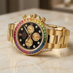 Luxury Gold-Tone Chronograph Watch with Rainbow Bezel & Black Dial